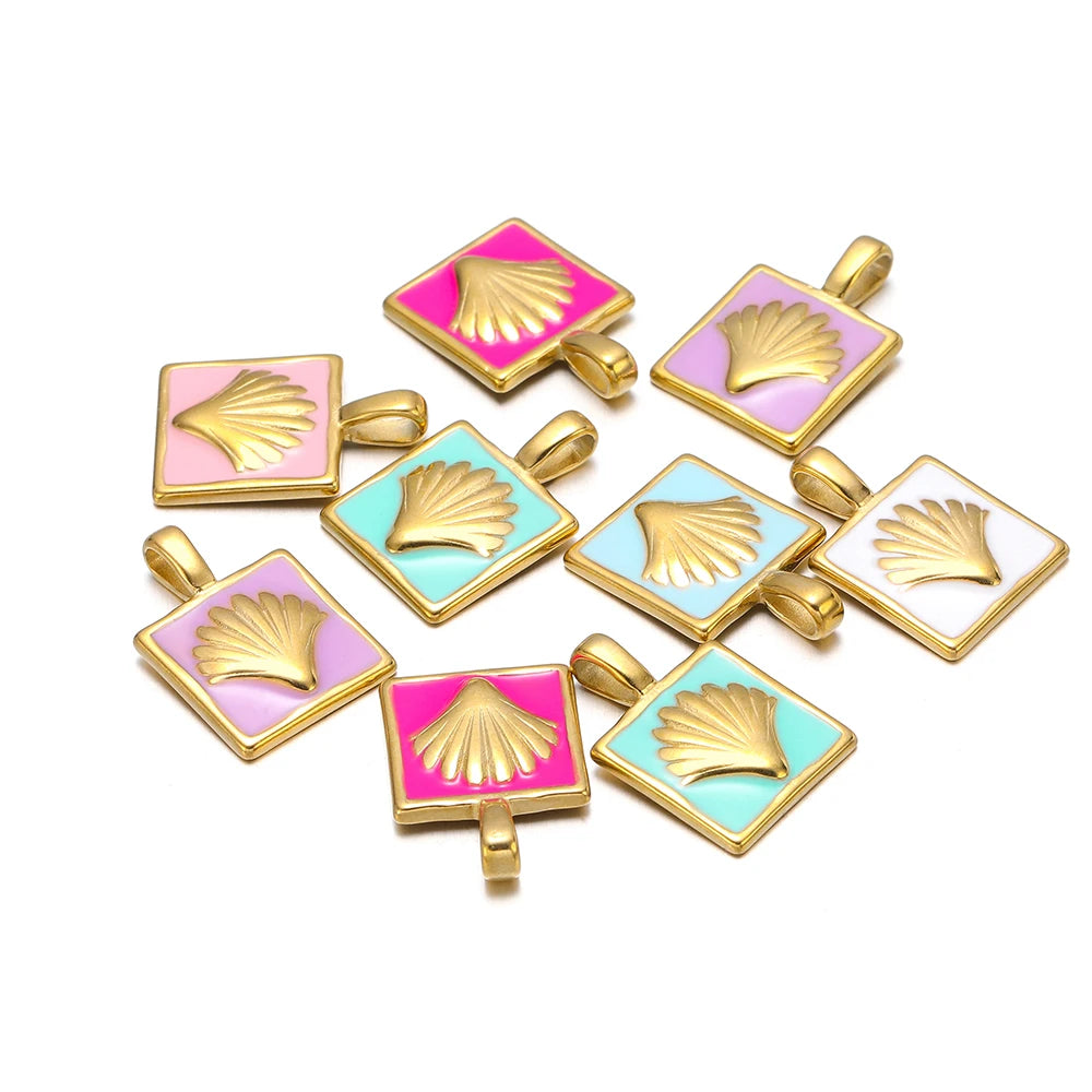 Newest Stainless Steel 18k Gold Plated Enamel Colorful Square Charm Pendant  for Jewelry Necklace Making Accessories