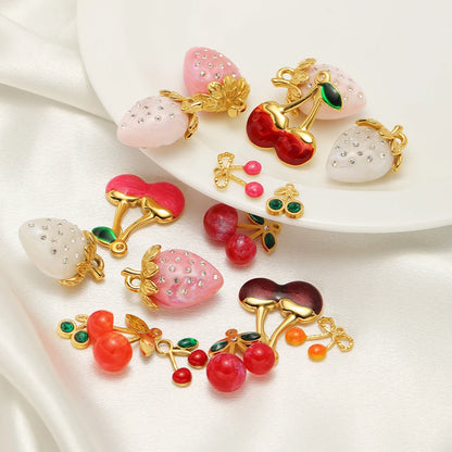 Lovely Fruit Charms 18k Gold Plated Stainless Steel Enamel Cherry Strawberry Zircon Charm Pendant for DIY Jewelry Making