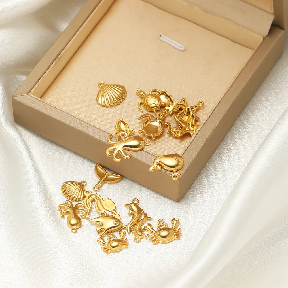 Hot Sale 18k Gold Plated Stainless Steel Enamel Crab Starfish Turtle Octopus Shell Charm Pendant for DIY Necklace Jewelry Making