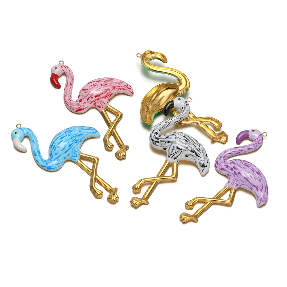 New Style Bird Pendant Stainless Steel 18k Gold Plated Oil Drop Flamingo Charm Pendant for Jewelry Necklace Making