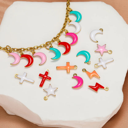 Luxury Charms 304 Stainless Steel 18k Gold Plated Moon Star Cross Lightning Enamel Charm Pendant for DIY Jewelry  Making