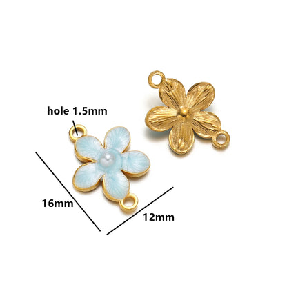 Enamel Flower Charms 18k Gold Plated Stainless Steel Double Hole Flower Pearl Charm Pendant for DIY Jewelry Making Accessories