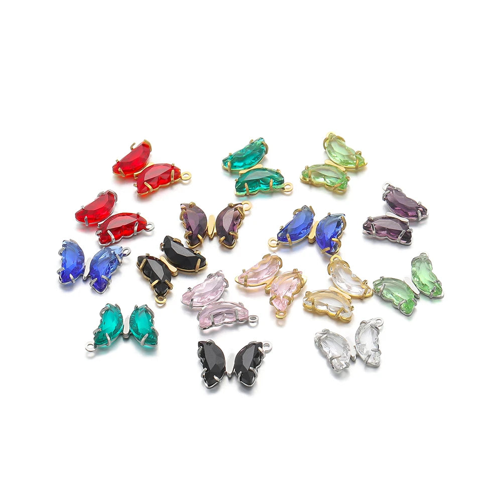 Fashion Colorful Stainless Steel Gold Plated Single Hole Butterfly Crystal Stone Charm Pendant for Jewelry Making