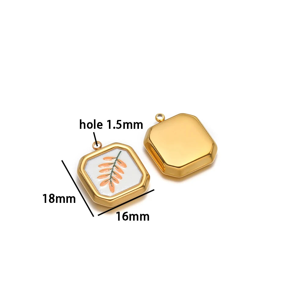 Fashion 18k Gold Plated Stainless Steel square Enamel Four Leaf Clover Charm Pendant for DIY Necklace Jewelry Making Accessories