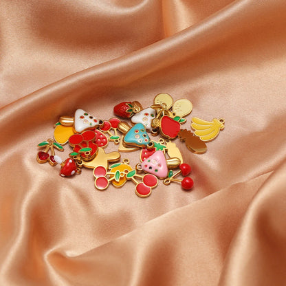 Colorful Fruits Pendant 18k Gold Plated Stainless Steel Strawberry Bananas Cherry Mushroom Charm Pendant for DIY Jewelry Making