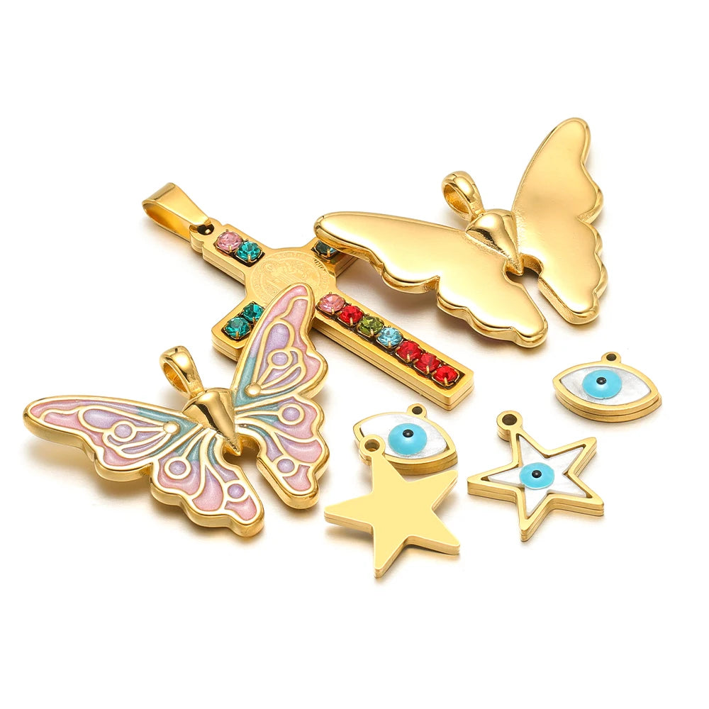 New Style 18k Gold Plated Stainless Steel Cross Star Butterfly Eye Enamel Zircon Charm Pendant for Jewelry Making Accessories