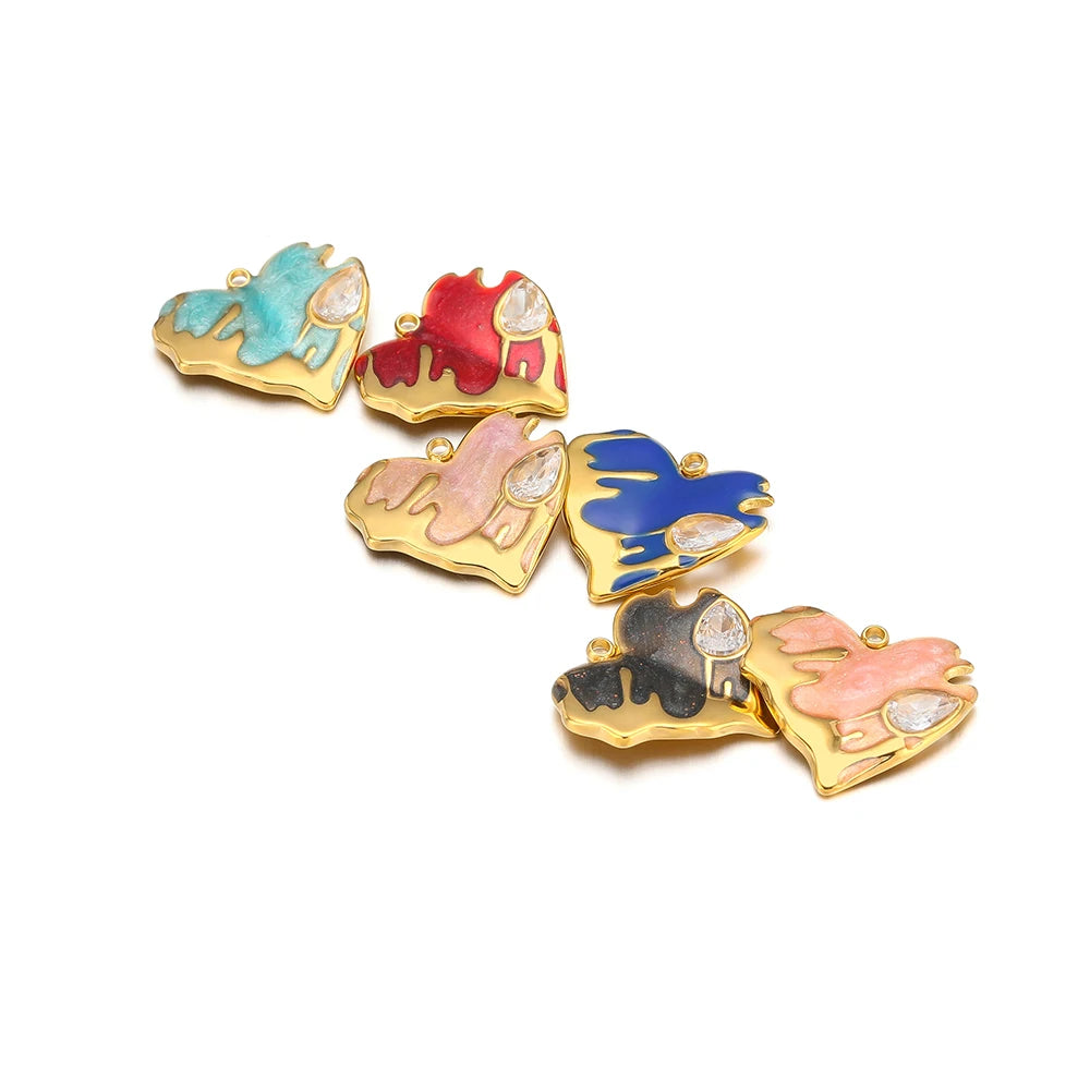 Nice Design Stainless Steel 18k Gold Plated Enamel Zircon Heart Charms Pendant for Jewelry Necklace Making Accessories