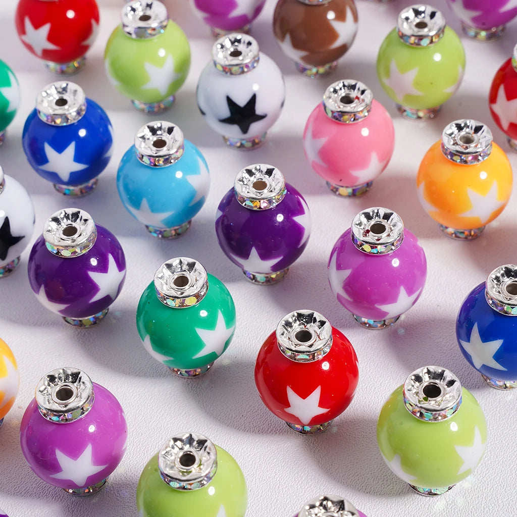 16mm Multi-color Star Prints Acrylic Beads with Silver Alloy Spacer for Trendy DIY Fashion Jewelry Crafting