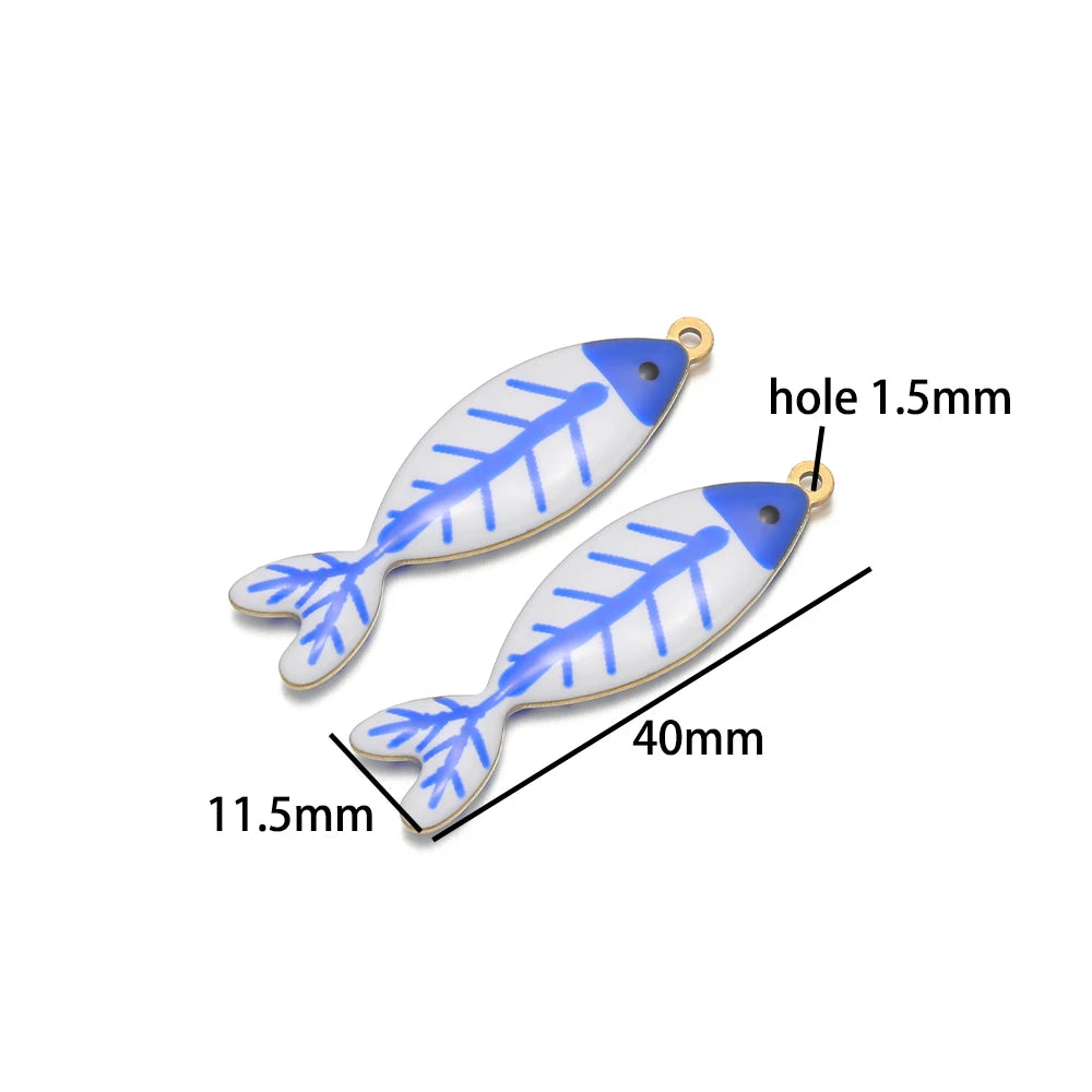 Handmade 18k Gold Plated Stainless Steel Enamel Cute Beach Fishbone Charm Pendant for Jewelry Necklace Making Accessories