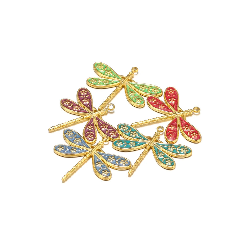 Retro Style Stainless Steel 18k Gold Plated Enamel Dragonfly and Flower Charms Pendant for Jewelry Necklace Making Accessories