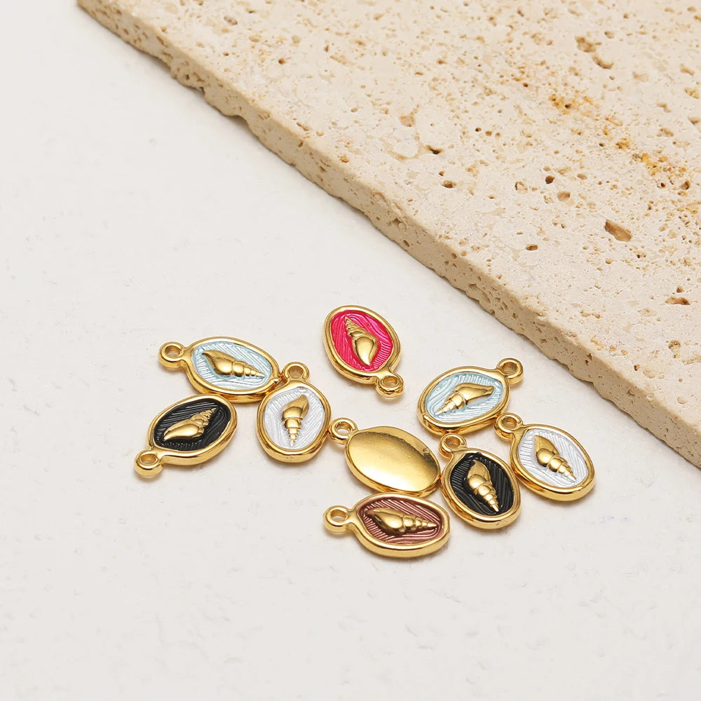 18K Gold Plated Oval-Shaped Single-Sided Drip-Style Conch Shell Pendant Multicolored Enamel Shell Charm DIY Jewelry