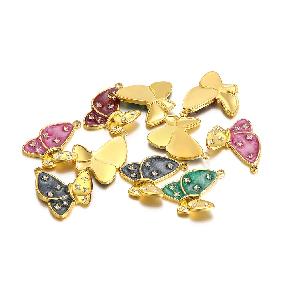 Hot Selling Stainless Steel18k Gold Plated Drop Oil Dot Drill Butterfly Charms Pendant for DIY Jewelry Necklace Making