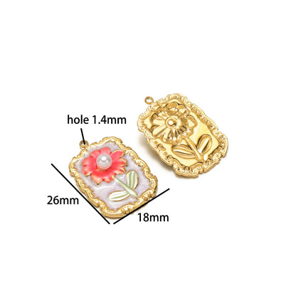 Exquisite Oil Drop Painted Flower Charm 18k Gold Plated Stainless Steel Enamel Round Square Pendant for Necklace Jewelry Making