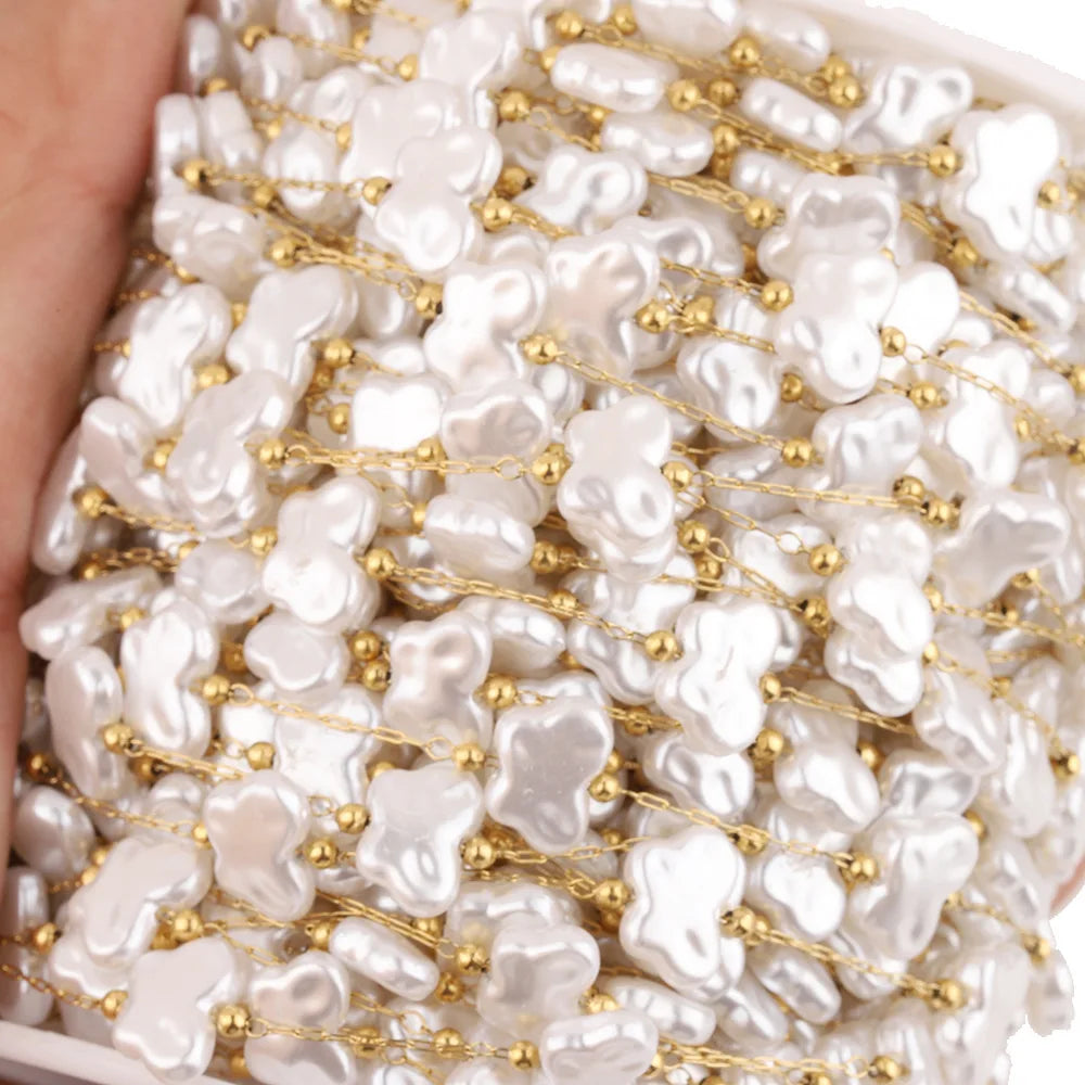 D433 Imitation Pearl Beads Chain Rosary Cross Heart butterfly Link Bulk Roll Stainless Steel Chain for Necklace Bracelet Making