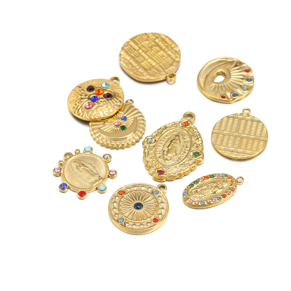 DIY Colorful Zircon Stainless Steel Gold Plated Charm Round Moon Zircon Charm Pendants for DIY Jewelry Necklace Making