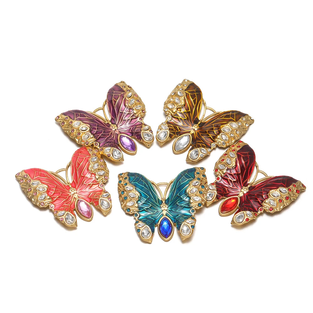 Retro Exquisite 18k Gold Plated Stainless Steel Enamel Butterfly Zircon Charm Pendant for DIY Necklace Jewelry Making