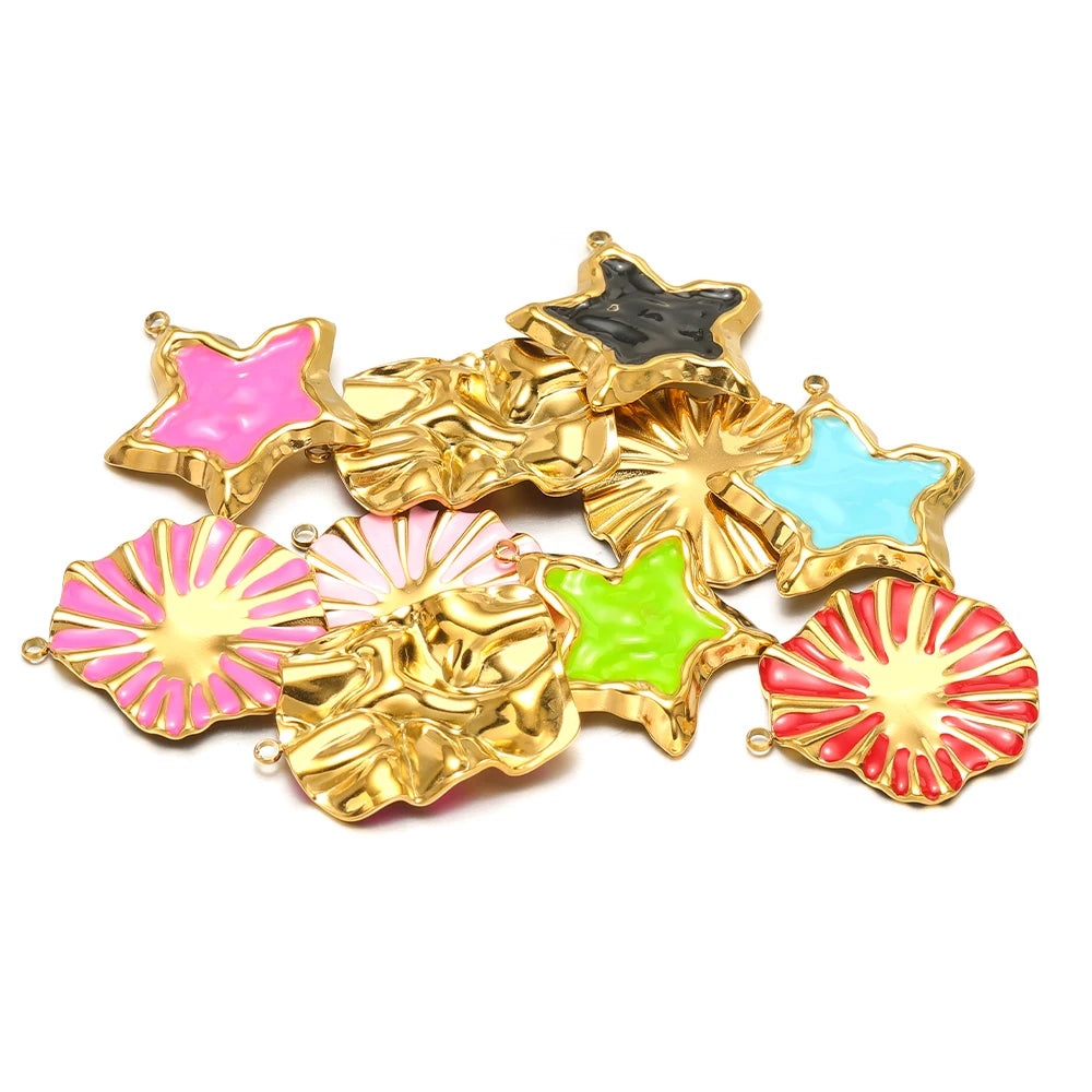Vintage Style Stainless Steel 18k Gold Plated Enamel Star Round Charm Pendant for Jewelry Necklace Making Accessories