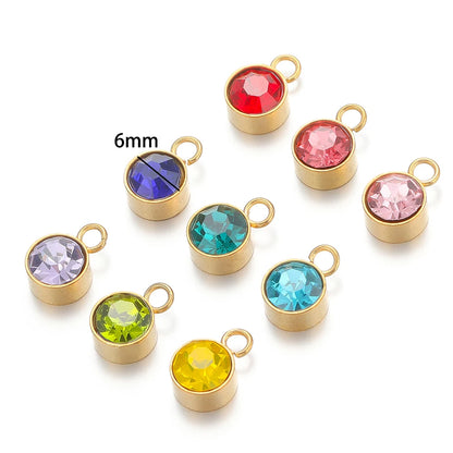 Wholesale 304 Stainless Steel 18k Gold Plated Birthstone Pendant 6mm Colorful Zircon for DIY Jewelry Necklace Making Accessories
