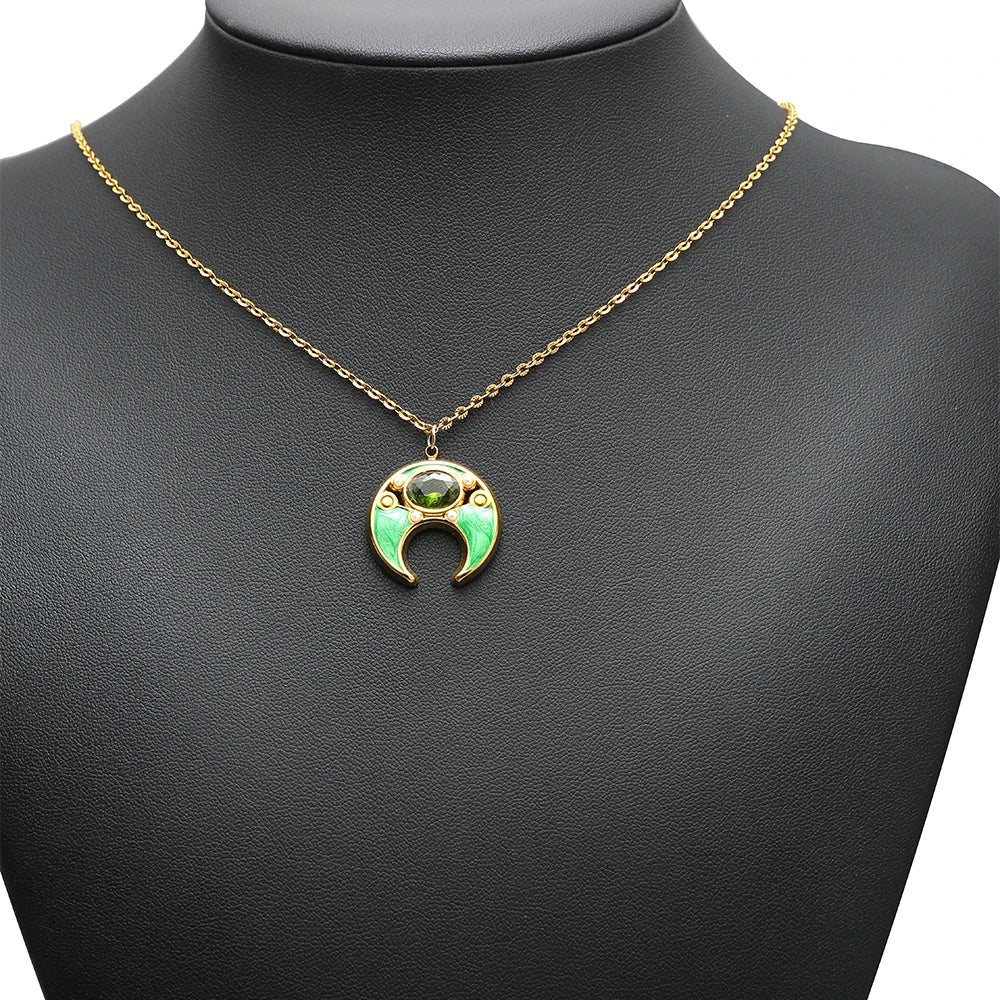 18K Gold Plated 24*22mm Wide Hollow Moon Single-Sided Oil Dripping Point Color Diamond Pearl 1.5mm Single-Hole Light Green