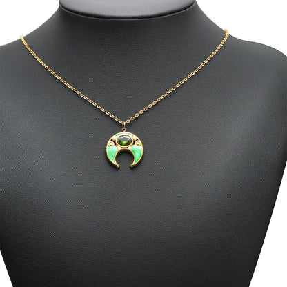 18K Gold Plated 24*22mm Wide Hollow Moon Single-Sided Oil Dripping Point Color Diamond Pearl 1.5mm Single-Hole Light Green