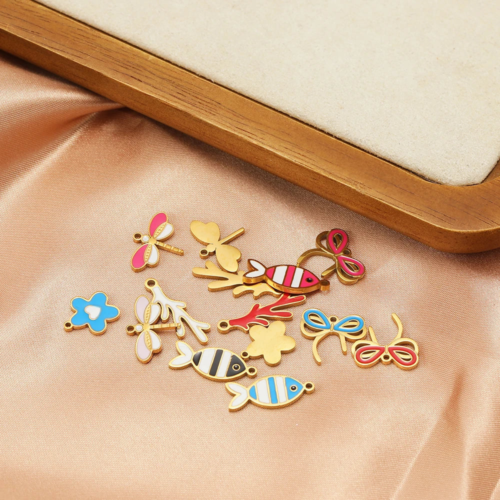 TIK TOK Hotsale 18k Gold Plated Stainless Steel Enamel Flower Fish Bowknot Heart Dragonfly Charm Pendant for DIY Jewelry Making