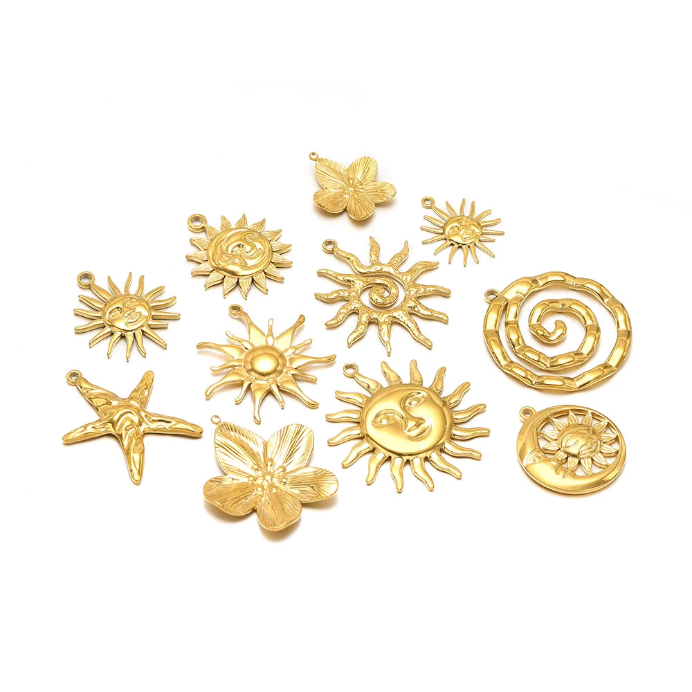 Vintage  DIY Charm 18k Gold Plated Stainless Steel Sun Starfish Flower Charm Pendant for Handmade Necklace Jewelry Making