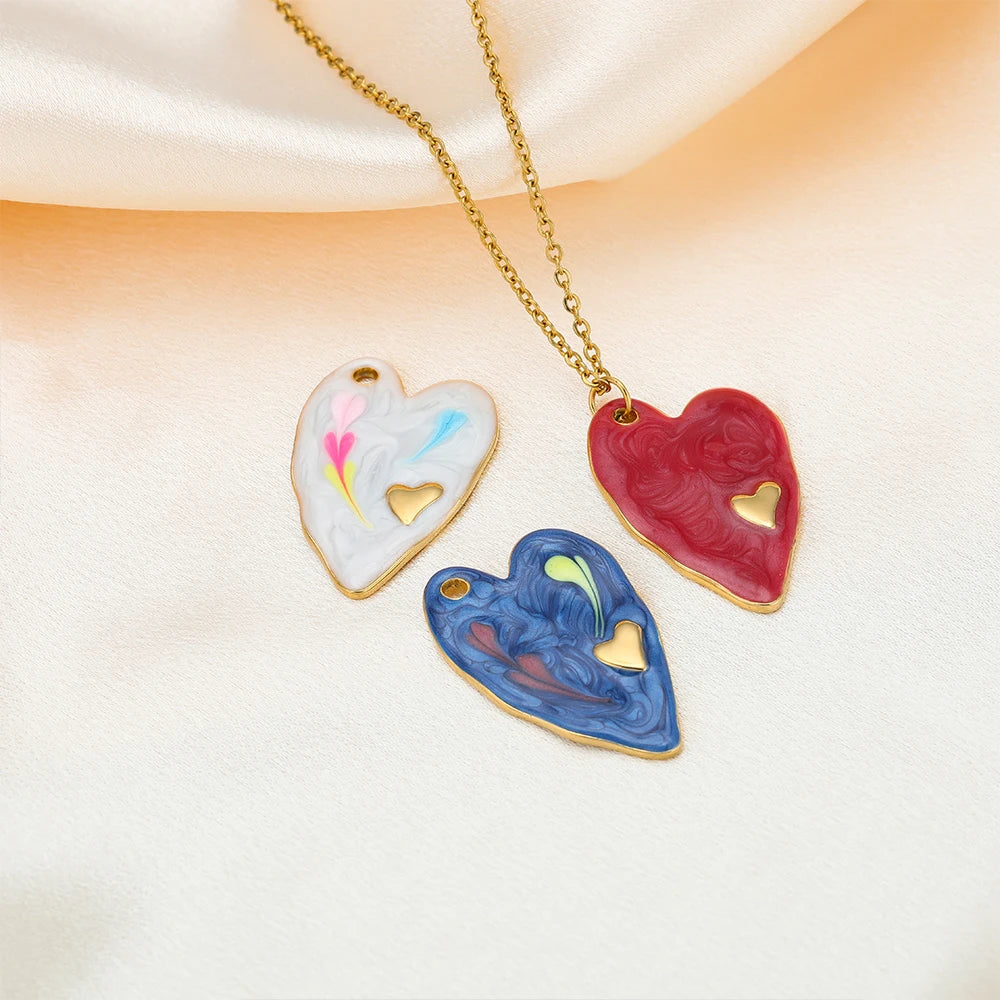 Fashion Heart Charm Stainless Steel 18k Gold Plated Enamel Love Heart Charm Pendant for DIY Jewelry Necklace Making Accessories