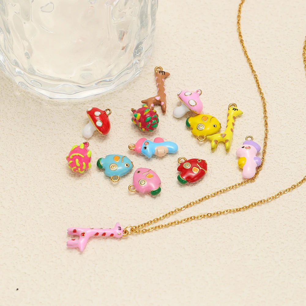 Giraffe Drip Oil DIY Charm Stainless Steel 18k Gold Plated Dragon Fruit Mushroom Pendant for Jewelry Necklace Making