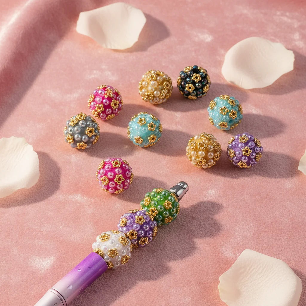 Plastic Coated Beads with Gold Alloy Flower Balls and Half Shell Pearls for DIY Round Beaded Pen Jewelry