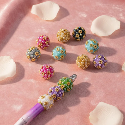 Plastic Coated Beads with Gold Alloy Flower Balls and Half Shell Pearls for DIY Round Beaded Pen Jewelry