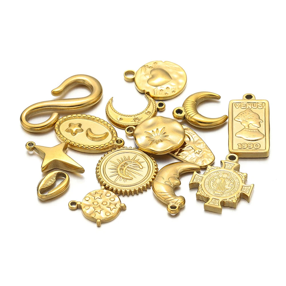 Fashion Pendant 304 Stainless Steel 18k Gold Plated Cross Moon Geometric Charm Pendant for DIY Jewelry Necklace Making