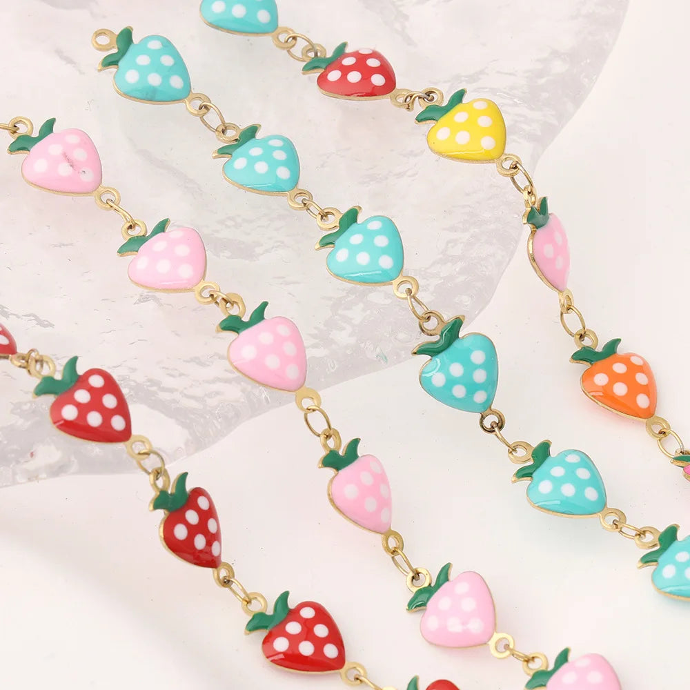 D432 High Quality Enamel Stainless Steel Chain Strawberry apple Fruit Charm Link 18k Gold Plated Chain Jewelry Findings