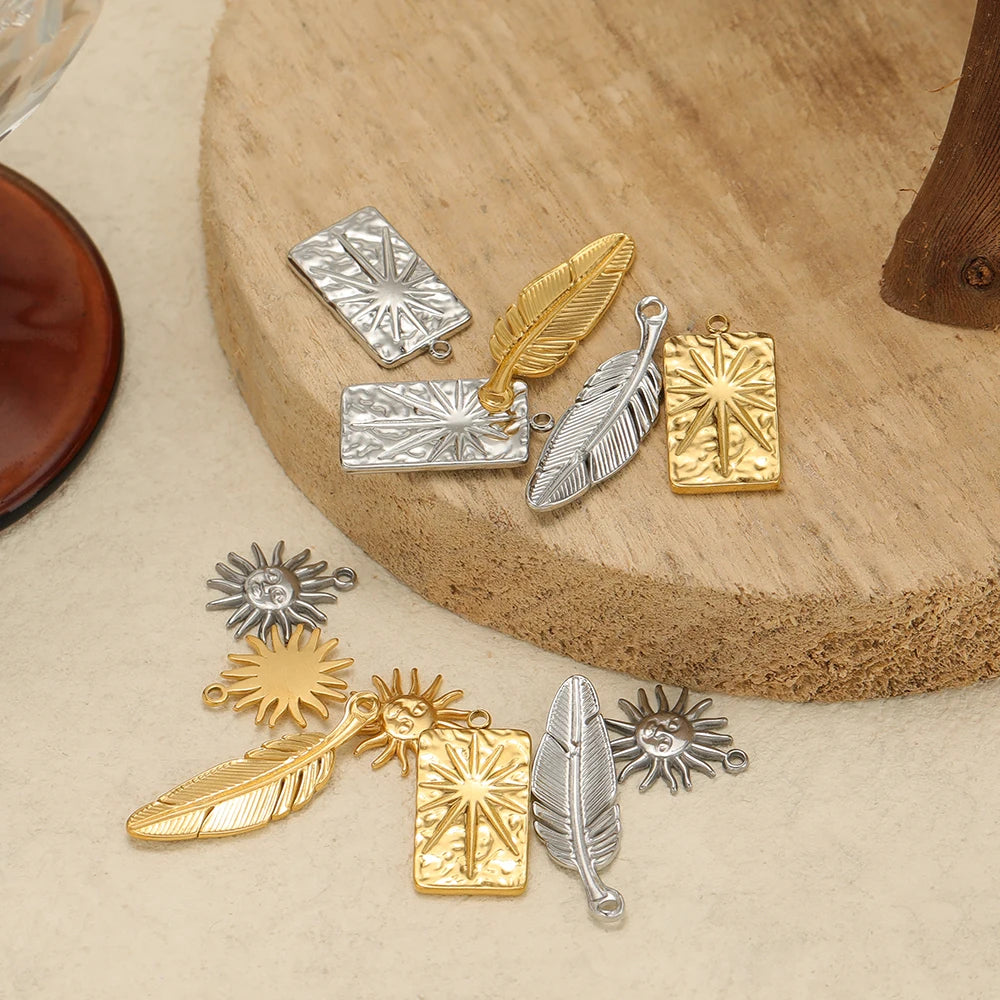 Vintage 18k Gold Plated Stainless Steel Rectangular Sun Feather Charm Pendant for Necklaces Jewelry Making