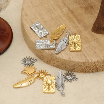 Vintage 18k Gold Plated Stainless Steel Rectangular Sun Feather Charm Pendant for Necklaces Jewelry Making