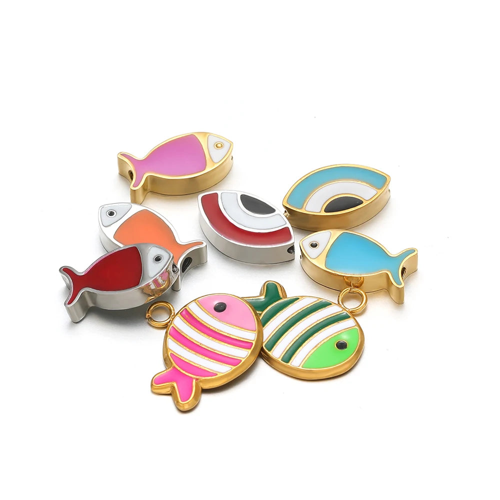 New Trend Stainless Steel Gold Plated Dripping Oil Eyes Enamel Small Fish Charm Pendant for Jewelry Making Wholesale