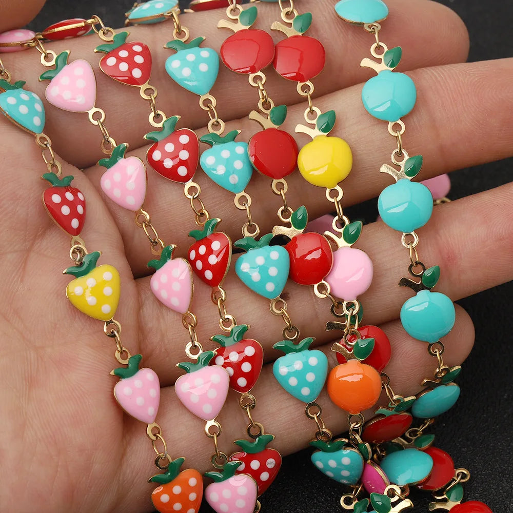 D432 High Quality Enamel Stainless Steel Chain Strawberry apple Fruit Charm Link 18k Gold Plated Chain Jewelry Findings
