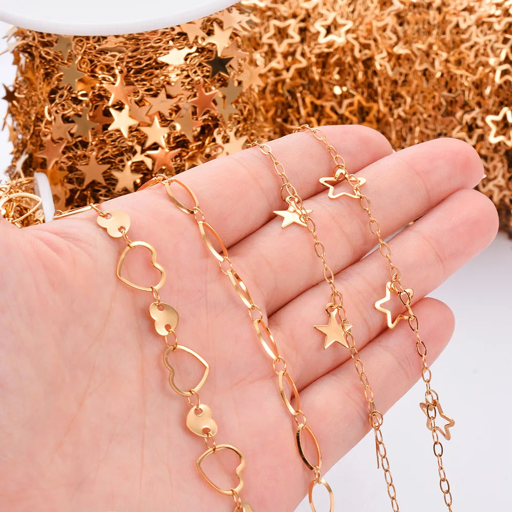 E394 18k PVD Plated Gold Chain Star Heart Charm Rosary Chain Permanent Stainless Steel Chain for Diy
