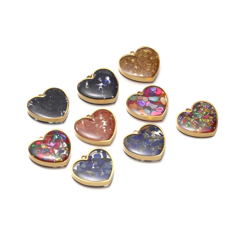 18k Gold Plated Stainless Steel Heart Transparent Mirror Painting Oil Droplets Charms Pendant for Jewelry Necklace Making