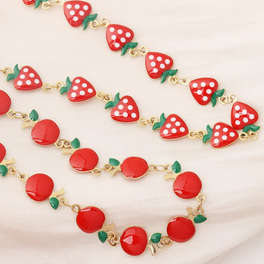 D432 High Quality Enamel Stainless Steel Chain Strawberry apple Fruit Charm Link 18k Gold Plated Chain Jewelry Findings