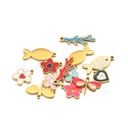 TIK TOK Hotsale 18k Gold Plated Stainless Steel Enamel Flower Fish Bowknot Heart Dragonfly Charm Pendant for DIY Jewelry Making