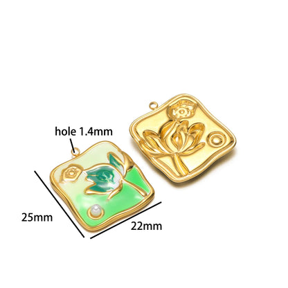 Exquisite Oil Drop Painted Flower Charm 18k Gold Plated Stainless Steel Enamel Round Square Pendant for Necklace Jewelry Making