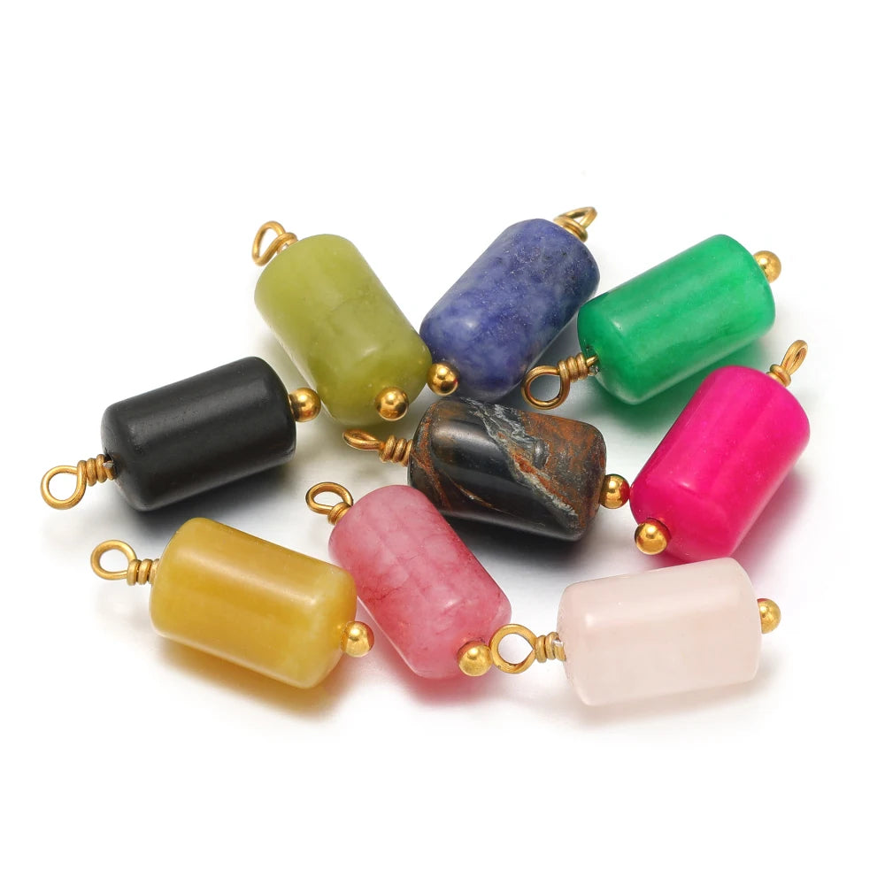 Fashion Jewelry Stainless Steel 18K Gold Plated Cylinder Color Natural Stone Charm Pendant for Jewelry Necklace Making Wholesale