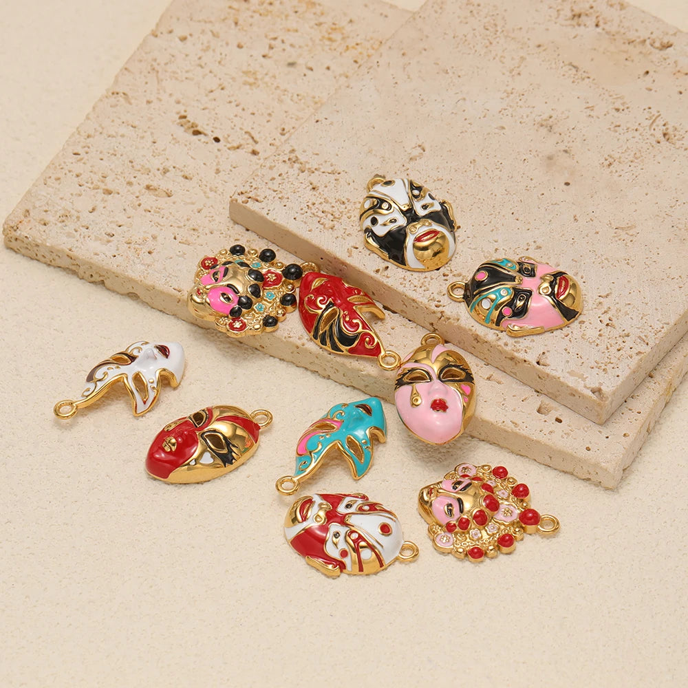 Colorful Gold Plated Peking Opera Mask Charms - Single Sided Enamel Drama Face Pendants for DIY Jewelry Making