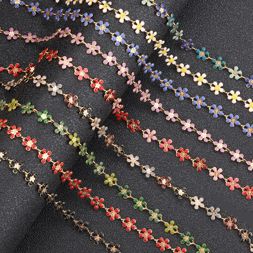 B1596 Rainbow Color Daisy Chain Enamel Drop Oil Plated Chain Stainless Steel Jewelry for Making