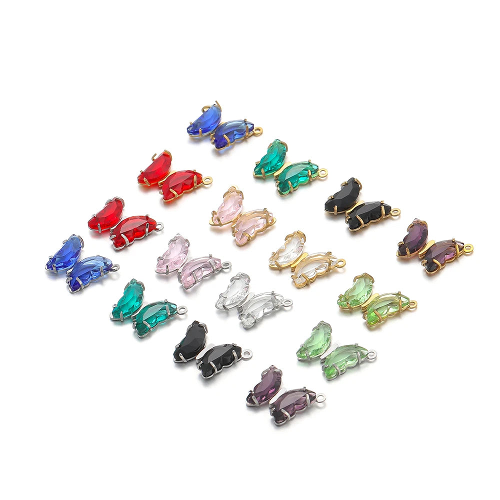Fashion Colorful Stainless Steel Gold Plated Single Hole Butterfly Crystal Stone Charm Pendant for Jewelry Making