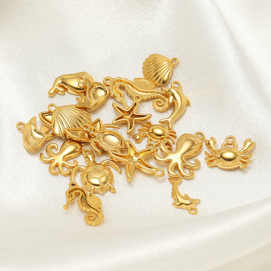 Hot Sale 18k Gold Plated Stainless Steel Enamel Crab Starfish Turtle Octopus Shell Charm Pendant for DIY Necklace Jewelry Making