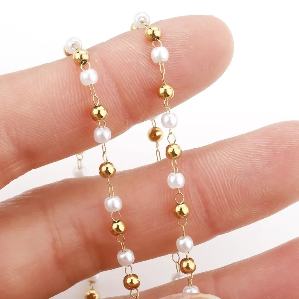 E047 Waterproof Stainless Steel Chain Pearl Bead Chain Spacer Gold Ball Beaded Link Chain for Jewelry Diy