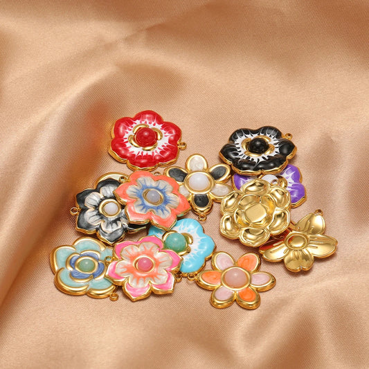 Exquisite Pendant 18k Gold Plated Stainless Steel Colorful Enamel Flower Charm Pendant for Necklace Jewelry Making Accessories