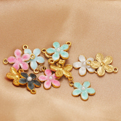 Enamel Flower Charms 18k Gold Plated Stainless Steel Double Hole Flower Pearl Charm Pendant for DIY Jewelry Making Accessories