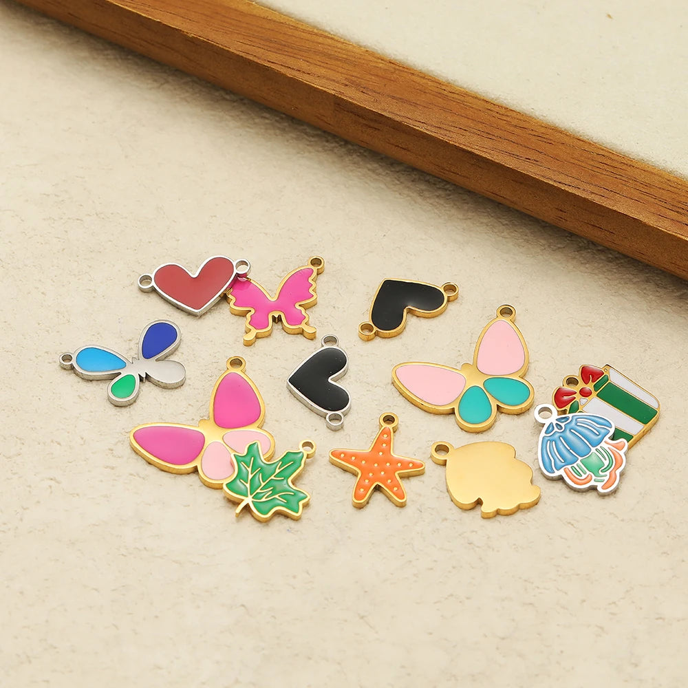 Gold Plated Stainless Steel Enamel Star Gift Bag butterfly Heart Charm Pendant for Jewelry Necklace Making Accessories